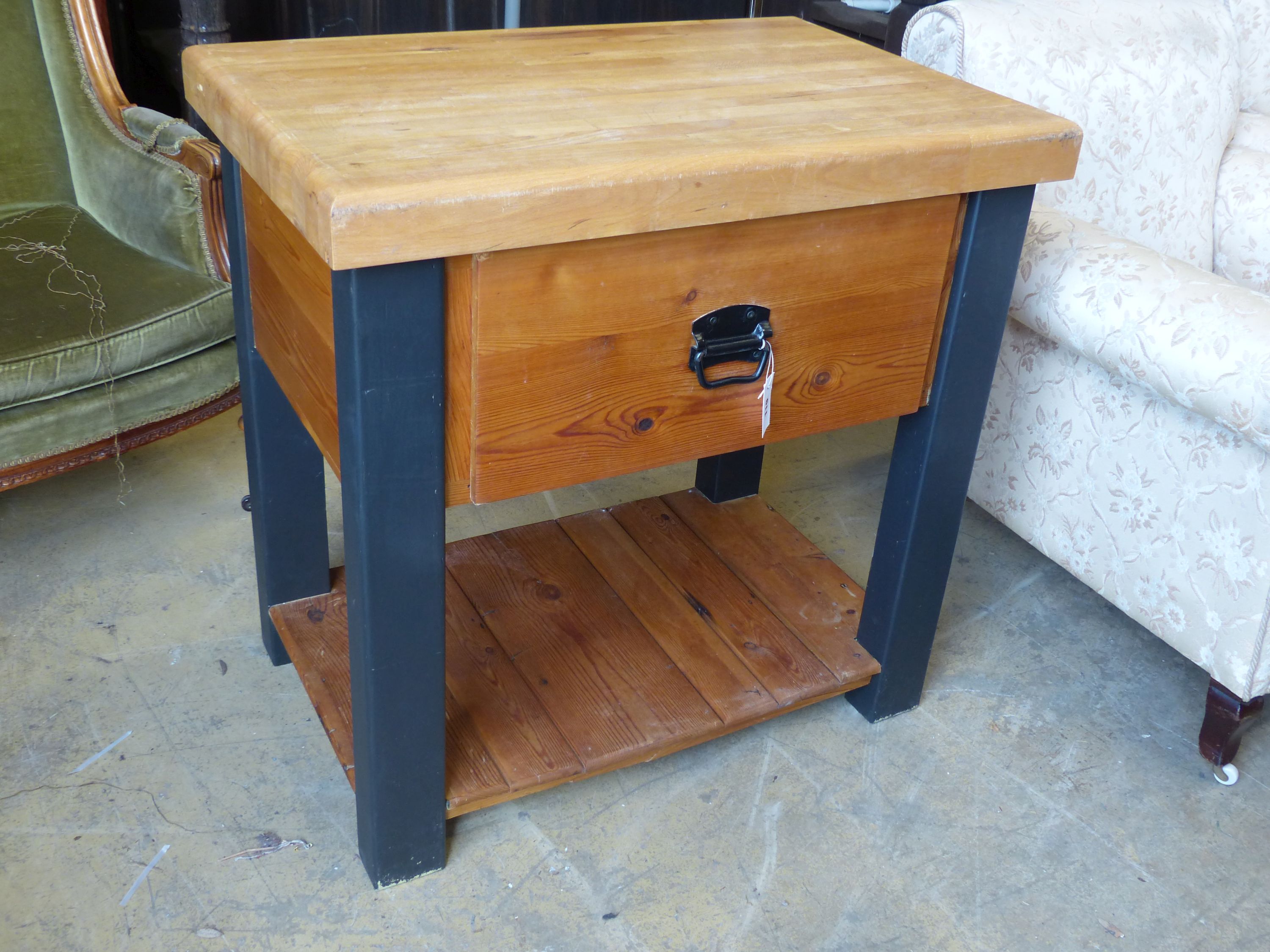 A pine and beech butcher's block table, width 92cm, depth 60cm, height 92cm
